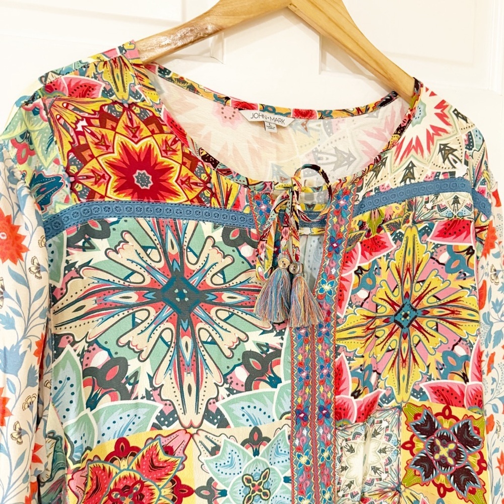 John MarkWoven Floral Print Split
Neck 3/4 Cuffed Tassel Tie Embroidered Tunic L - Picture 3 of 9